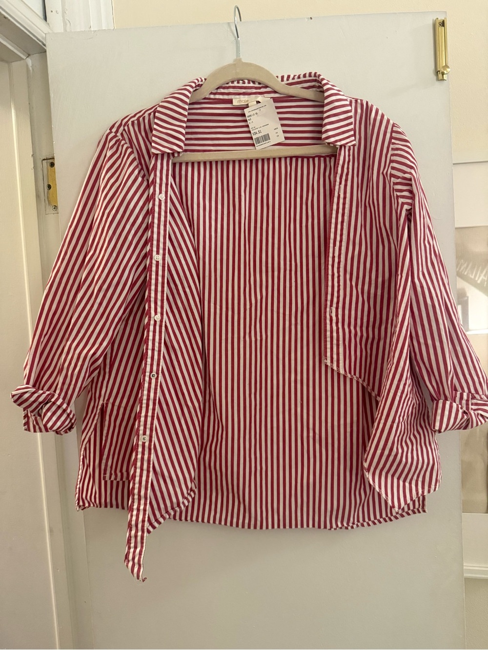 Maje Livie Layered Striped
Cotton Poplin Blouse Red White
Size 2